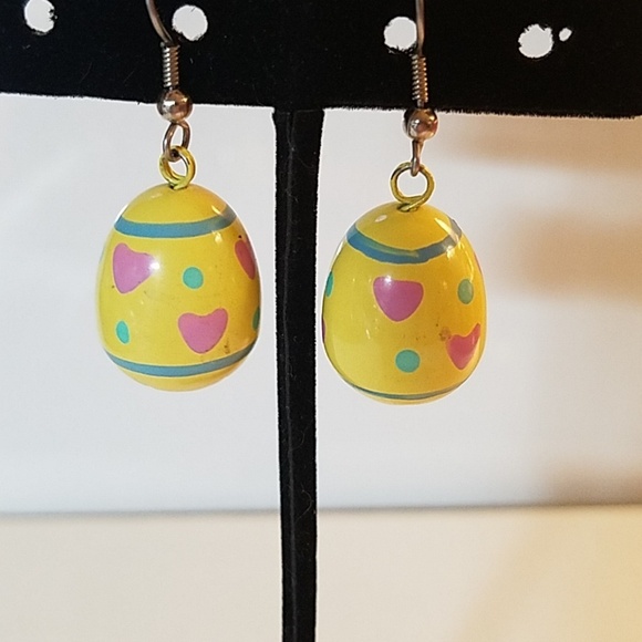 Heart Accented Yellow Earrings Bell Easter Egg - Picture 1 of 1